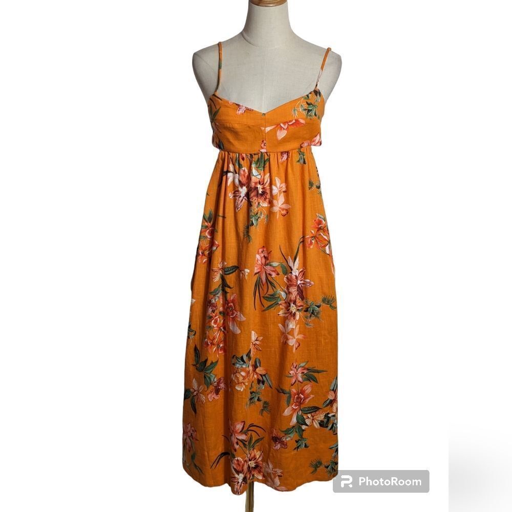 O.P.T Orange Floral Linen Blend Cut Out Maxi Dress NWT